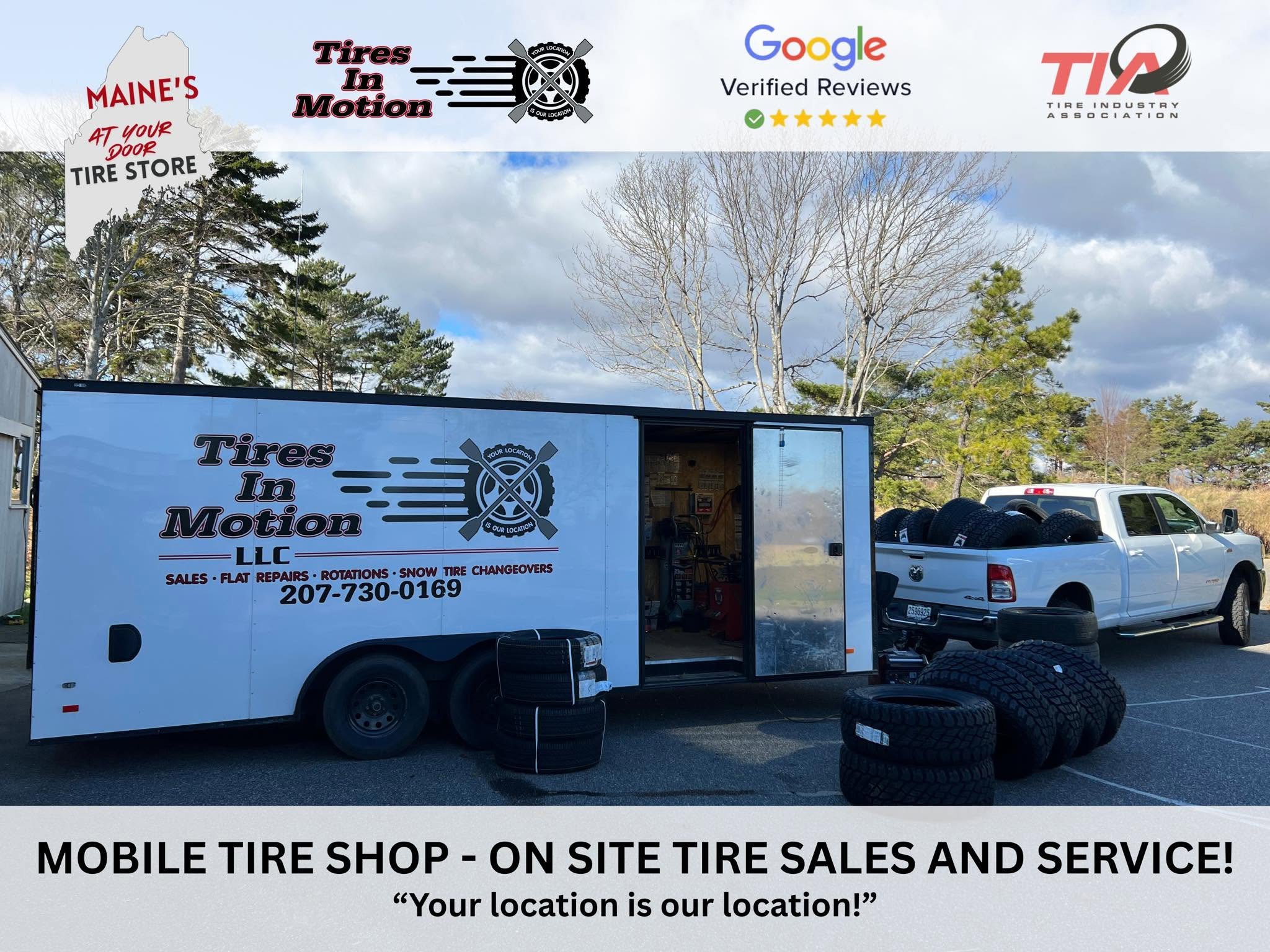 Tires in Motion fully equipped mobile tire shop with tires ready for on-site service