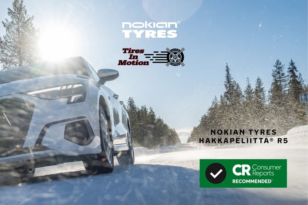 Nokian Hakkapeliitta R5 winter tire promotional graphic with Tires in Motion